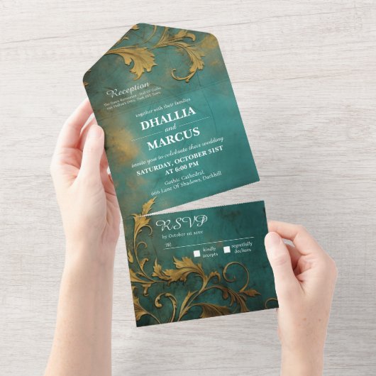 ゴシックフローラティール(緑がかった色)及び金ゴールド オールインワン招待状 (貼ってはがせる)
