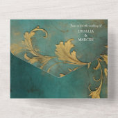 ゴシックフローラティール(緑がかった色)及び金ゴールド オールインワン招待状 (裏面)