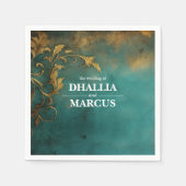 ゴシックフローラティール(緑がかった色)及び金ゴールド スタンダードカクテルナプキン (正面)