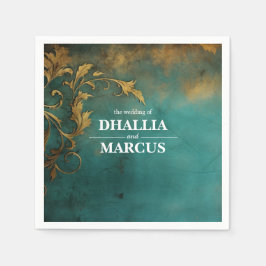 ゴシックフローラティール（緑がかった色）及び金ゴールド スタンダードカクテルナプキン