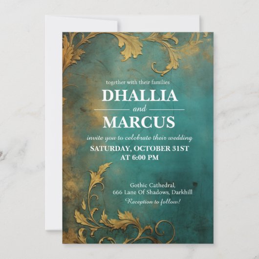 ゴシックフローラティール(緑がかった色)及び金ゴールド 招待状 (正面)