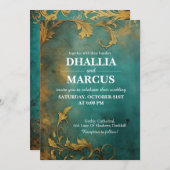 ゴシックフローラティール(緑がかった色)及び金ゴールド 招待状 (正面/裏面)