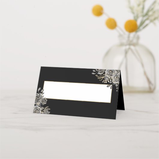 ゴシックフローラバラブラックと金ゴールド結婚ズの折り畳み プレイスカード (正面)