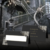 ゴシックフローラバラブラックと金ゴールド結婚ズの折り畳み プレイスカード