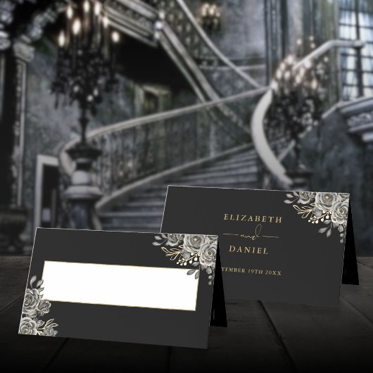 ゴシックフローラバラブラックと金ゴールド結婚ズの折り畳み プレイスカード