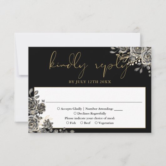 ゴシックフローラバラブラックと金ゴールド結婚ズ 出欠カード (正面)