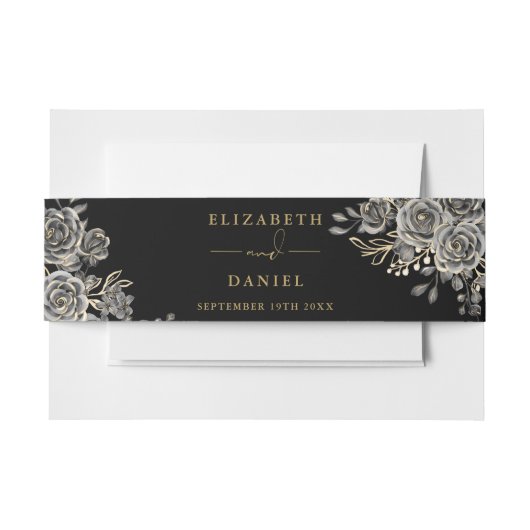 ゴシックフローラバラブラックと金ゴールド結婚ズ 招待状ベリーバンド (正面例)