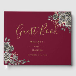 ゴシックフローラバラブルゴーニュ赤と金ゴールド結婚ズ ゲストブック