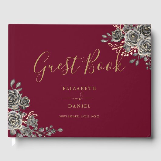 ゴシックフローラバラブルゴーニュ赤と金ゴールド結婚ズ ゲストブック (正面)