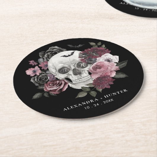 ゴシックフローラ水彩スカル結婚ズモノグラム ラウンドペーパーコースター (アングル)