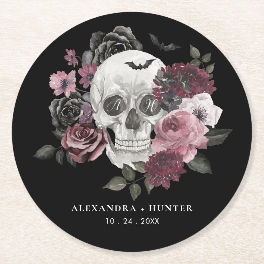 ゴシックフローラ水彩スカル結婚ズモノグラム ラウンドペーパーコースター (正面)