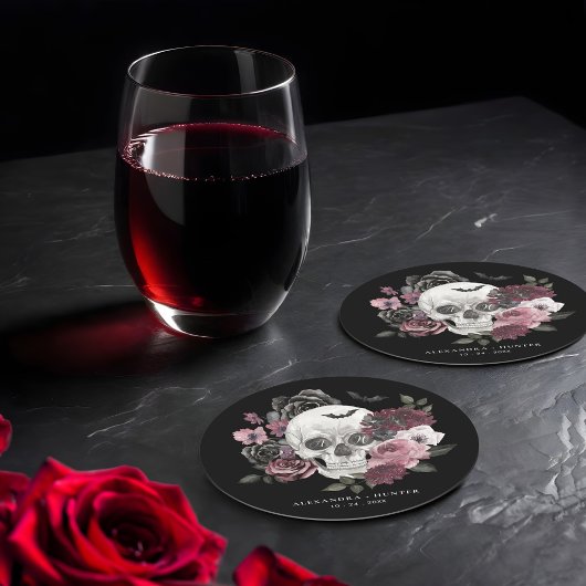 ゴシックフローラ水彩スカル結婚ズモノグラム ラウンドペーパーコースター