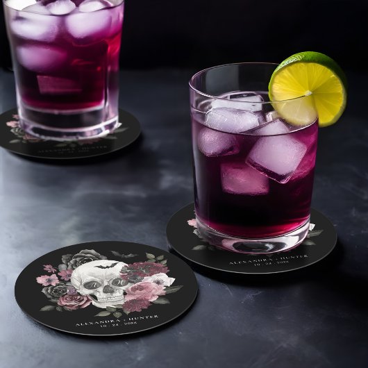 ゴシックフローラ水彩スカル結婚ズモノグラム ラウンドペーパーコースター