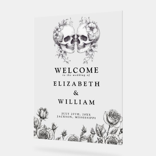 ゴシックフローラ結婚スカルの歓迎 アクリルサイン (傾斜)