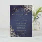 ゴシックフローラ金ゴールドとミッドナイト結婚ブルー 招待状 (スタンド正面)