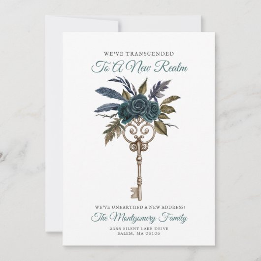 ゴシックフローラ鍵新しいホーム新しいアドレスティール（緑がかった色）移動 案内状 (正面)