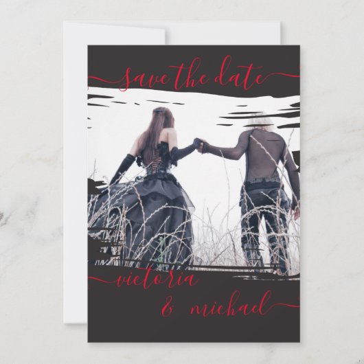 ゴシックブラシ結婚の線の写真日付を保存 招待状 (正面)