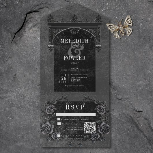 ゴシックブラックアーチ&ブラックバラQRコード オールインワン招待状