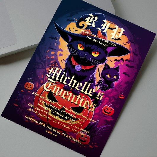 ゴシックブラックキャットウィッチハロウィンバースデー 箔招待状