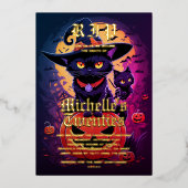 ゴシックブラックキャットウィッチハロウィンバースデー 箔招待状 (正面)