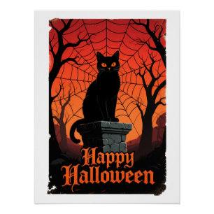 ゴシックブラックキャットスパイダーウェブヴィンテージハロウィーンパー ポスター