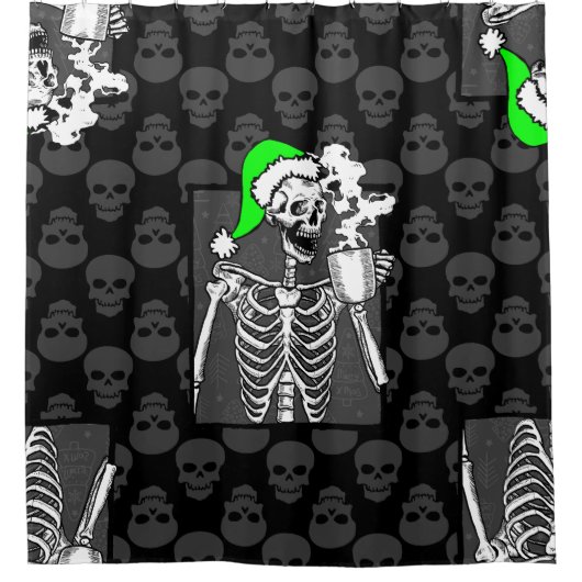 ゴシックブラッククリスマススカルコーヒー骨格グリーン シャワーカーテン (正面)