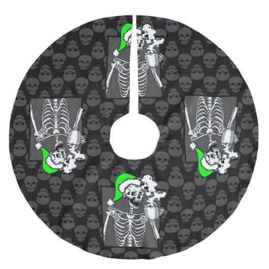 ゴシックブラッククリスマススカルコーヒー骨格グリーン ブラッシュドポリエステルツリースカート (正面)