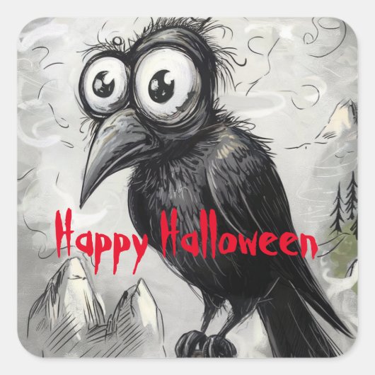 ゴシックブラッククロウ&タワー不気味ハロウィン スクエアシール (正面)