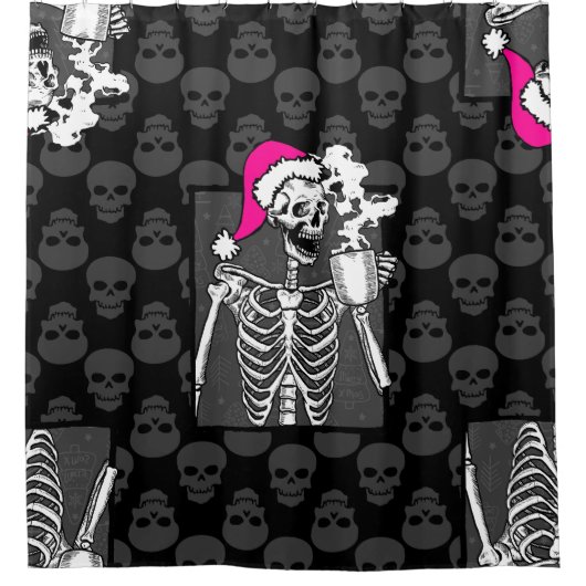ゴシックブラックスカルコーヒー骨格ピンク シャワーカーテン (正面)