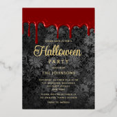 ゴシックブラックダマスク血ドリップハロウィーン金ゴールド 箔招待状 (正面)