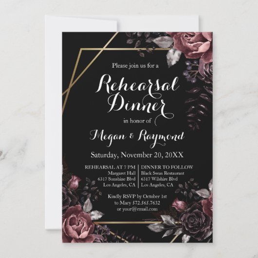 ゴシックブラックダーク花模様リハーサルディナー 招待状 (正面)