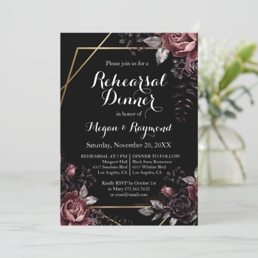 ゴシックブラックダーク花模様リハーサルディナー 招待状 (スタンド正面)