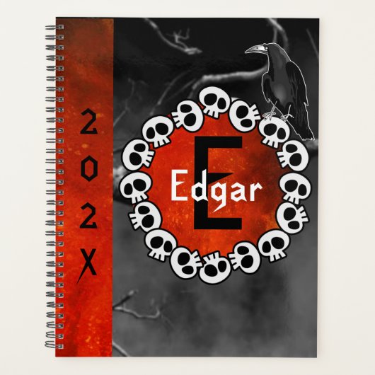 ゴシックブラックレイヴンスカルオレンジムーンパーソナライズされた プランナー手帳 (正面)