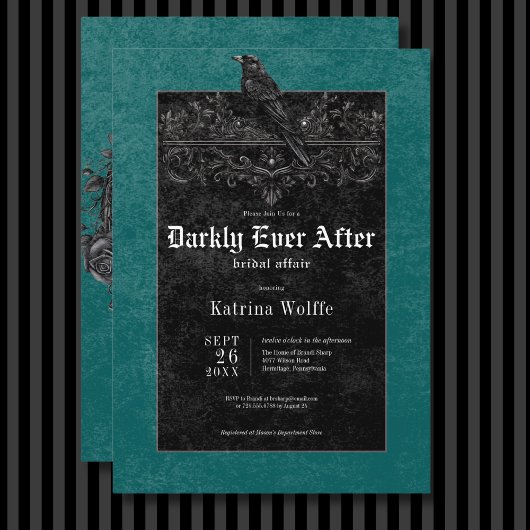 ゴシックブラックレイヴン&バラティール(緑がかった色)ブライダルシャワー 招待状