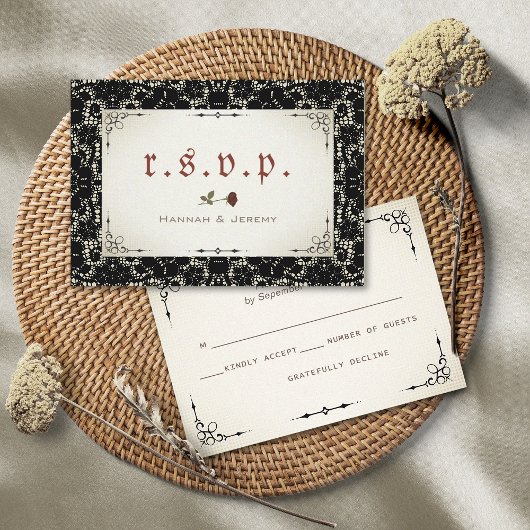 ゴシックブラックレースブラッドレッドローズRSVPカード 出欠カード