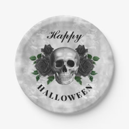 ゴシックブラックローズとドクロのハッピーハロウィン ペーパープレート