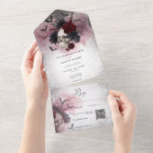 ゴシックブラック&ブルゴーニュスカル&こうもりQRコード オールインワン招待状 (貼ってはがせる)