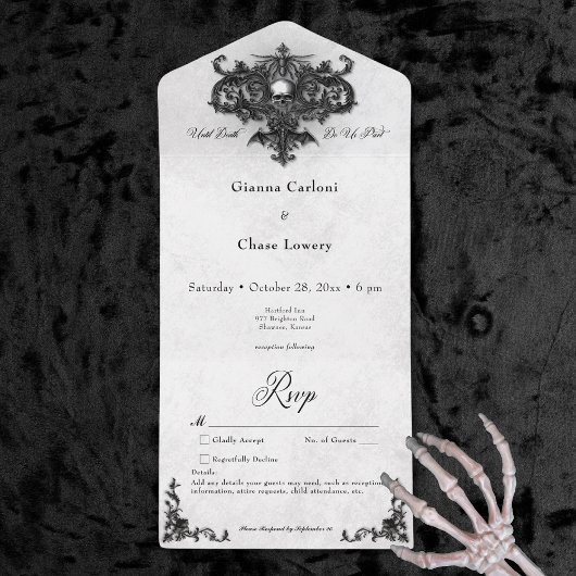 ゴシックブラック&ホワイトハロウィーンフィリグリーNo Dinner オールインワン招待状