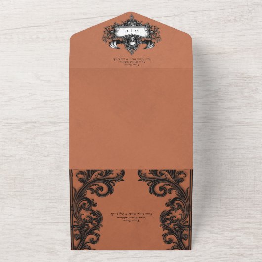 ゴシックブラック&ラストハロウィーンフィリグリーQRコード オールインワン招待状 (外側)