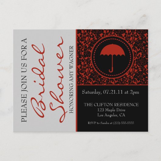 ゴシックブラック&レッドフローリッシュブライダルシャワー インビテーションポストカード (正面)