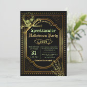 ゴシックブラック&金ゴールドスカルハロウィーンの衣装パーティー 招待状 (スタンド正面)