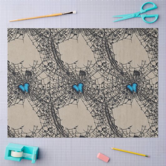 ゴシックブルーハート蝶のクモの巣のエフェメラ 薄葉紙 (クラフト)