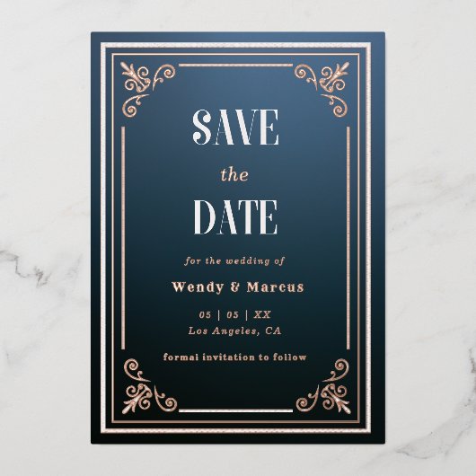 ゴシックブルーフレームダークエステティックバラ実在金ゴールド 箔招待状 (正面)