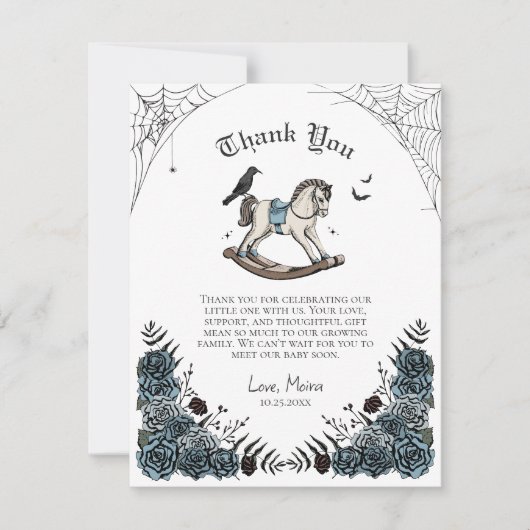 ゴシックブルーフローラロッキングホース赤ちゃんシャワー サンキューカード (正面)