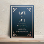 ゴシックブルー&ローズゴールドの結婚式お知らせカード 箔招待状