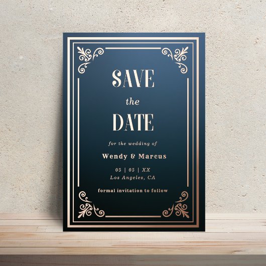 ゴシックブルー＆ローズゴールドの結婚式お知らせカード 箔招待状