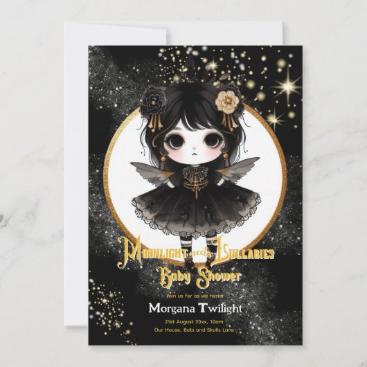 ゴシックベビーシャワーかわいい女の子ムーンライトラビー 招待状 (正面)
