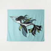 ゴシックマーメイドビューティフルブルーグリーンインクスケッチ タペストリー (正面(横))