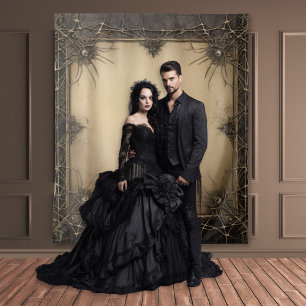 ゴシックムーディダークブラック&オールドアイボリーつる植物&スカル タペストリー