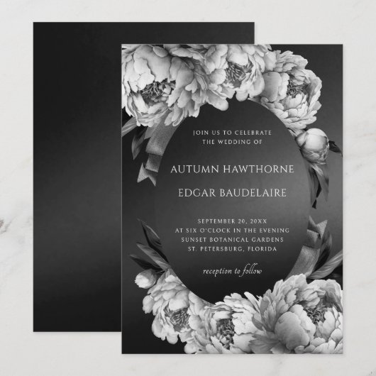 ゴシックムーディーホワイトピーオニーの結婚式 招待状 (正面/裏面)